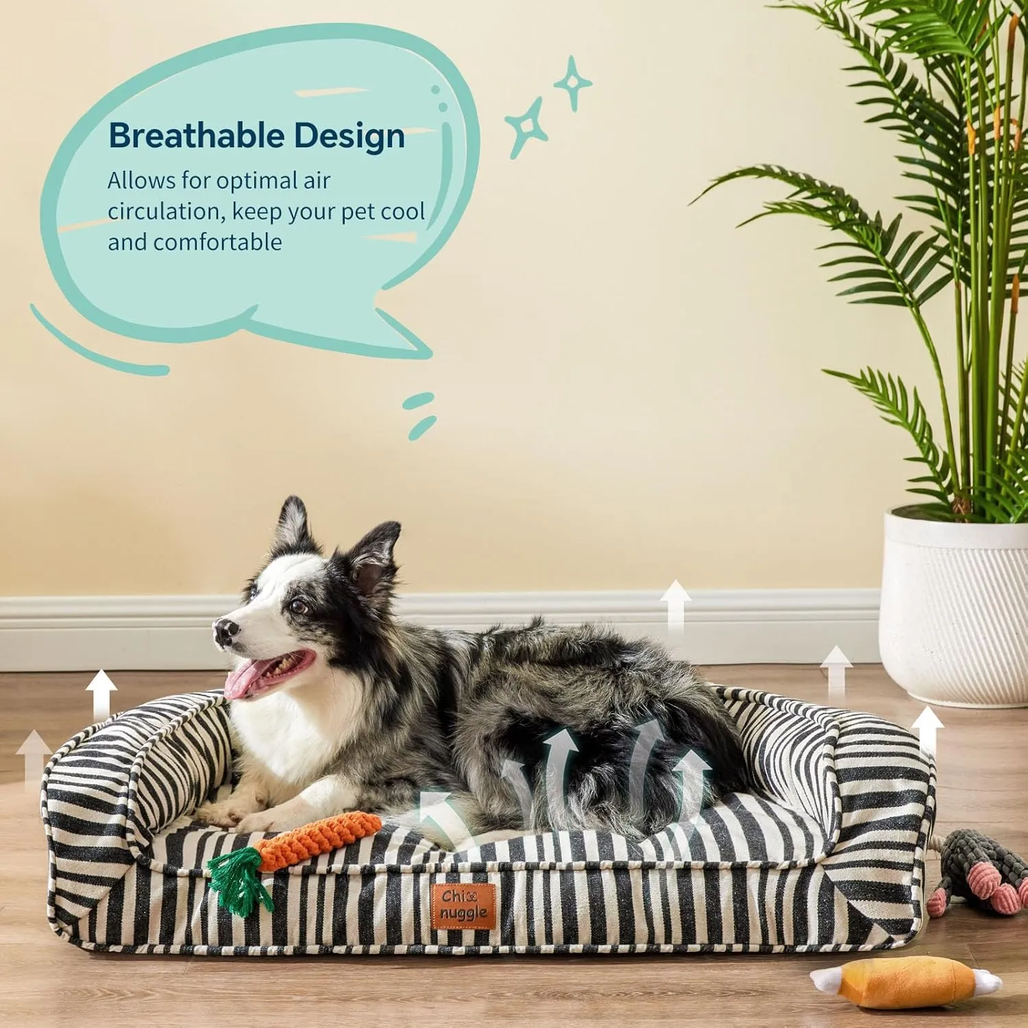Dog Bed for Large Dogs, Waterproof Canvas Striped Big Pet Bed with Washable Removable Cover, 36x27x7inches (Size L)