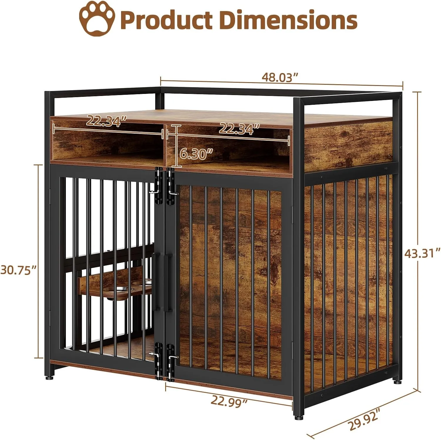 Dog Crate Furniture, 48 Inch Wooden Dog Cage with 2 Drawers, 360 & Adjustable Raised Feeder, Furniture Dog Crate for Medium-Large Dog Indoor