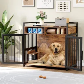 Dog Crate Furniture, 48 Inch Wooden Dog Cage with 2 Drawers, 360 & Adjustable Raised Feeder, Furniture Dog Crate for Medium-Large Dog Indoor