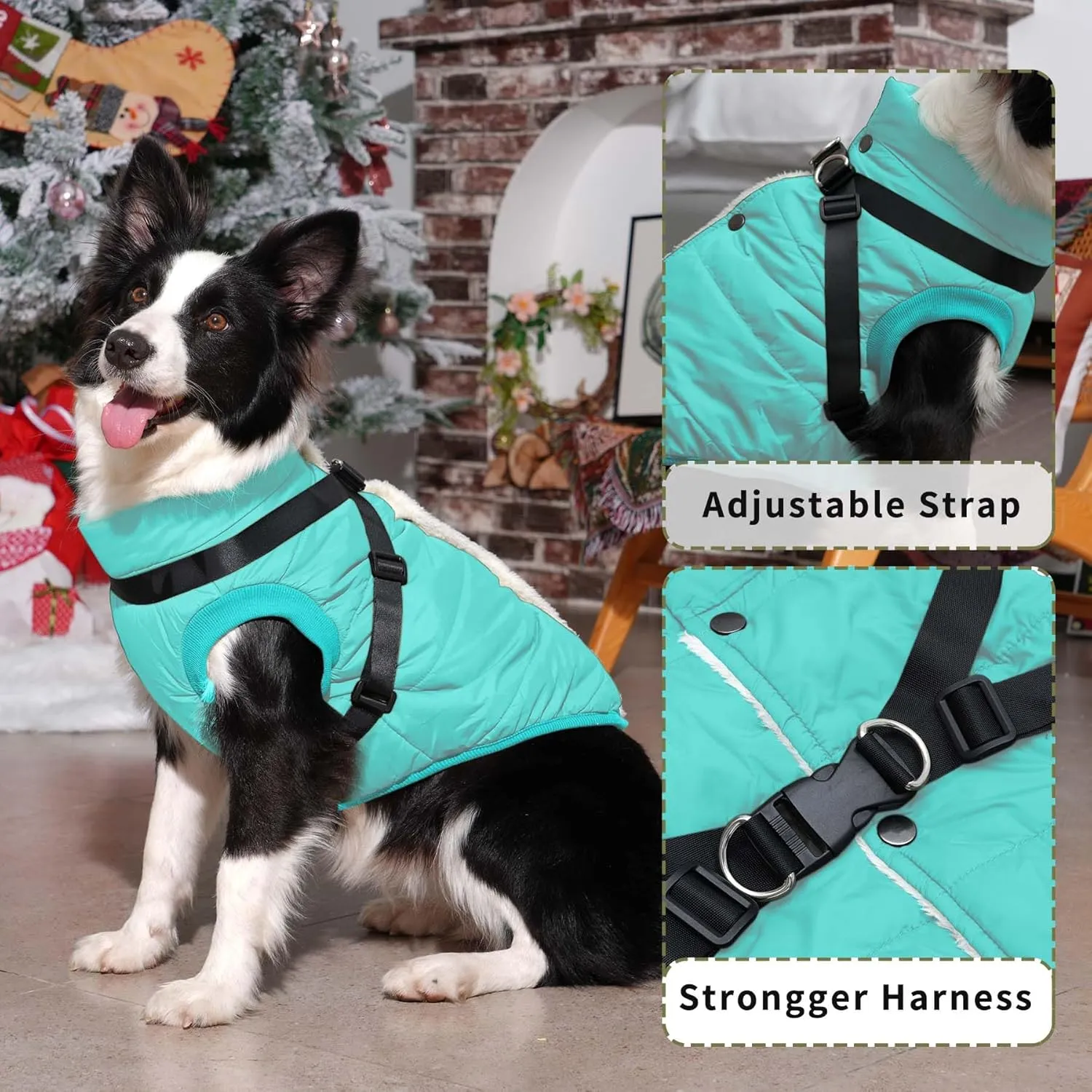 Dog Jacket with Harness,Fleece Lined Warm Puppy Coat for Winter,Soft Windproof Small Dog Vest,Bluegreen M
