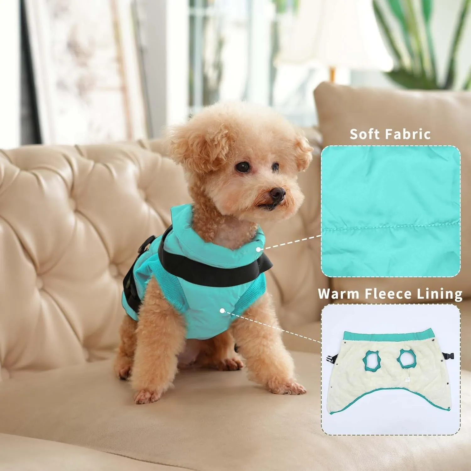 Dog Jacket with Harness,Fleece Lined Warm Puppy Coat for Winter,Soft Windproof Small Dog Vest,Bluegreen M