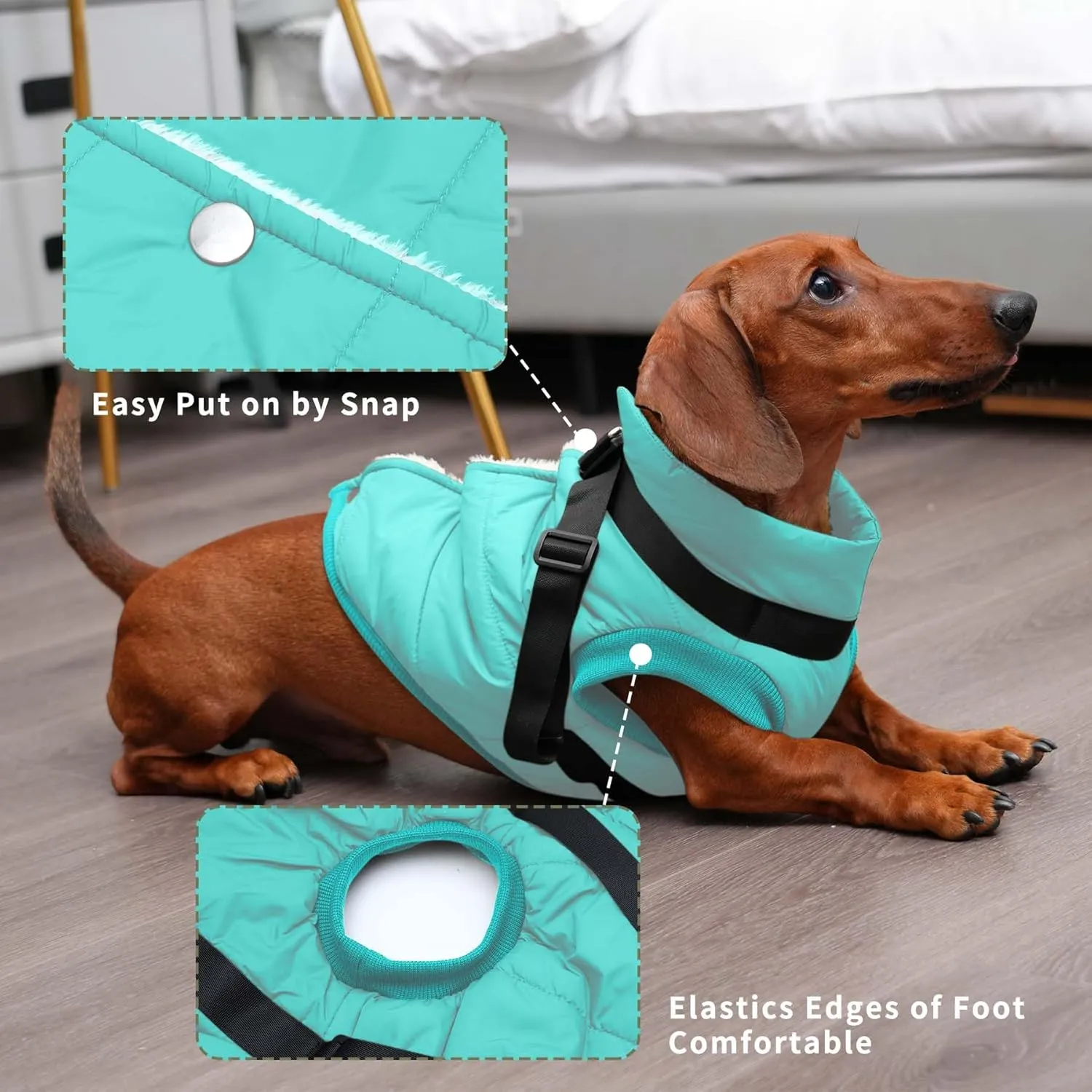 Dog Jacket with Harness,Fleece Lined Warm Puppy Coat for Winter,Soft Windproof Small Dog Vest,Bluegreen M