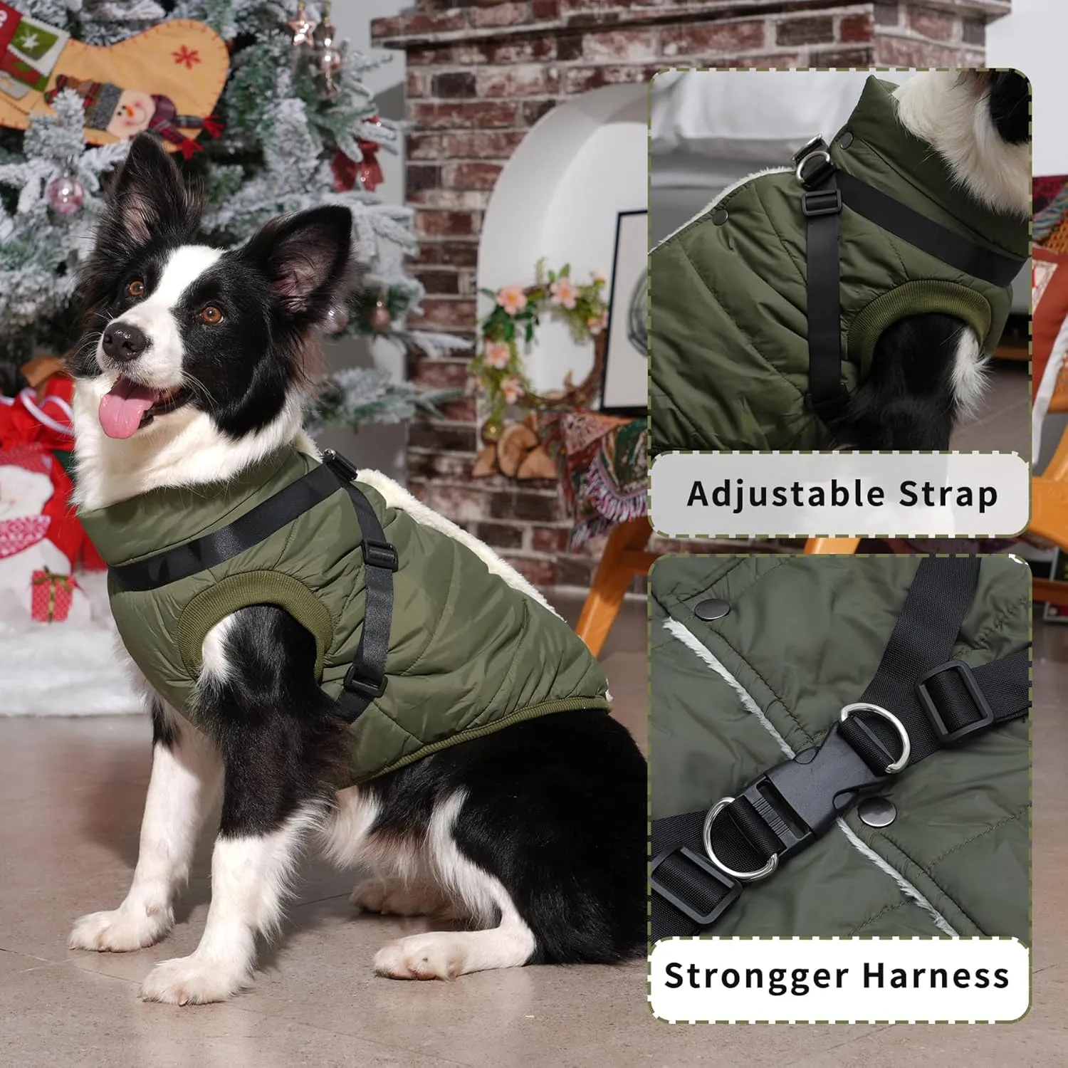 Dog Jacket with Harness,Fleece Lined Warm Puppy Coat for Winter,Soft Windproof Small Dog Vest,Green M
