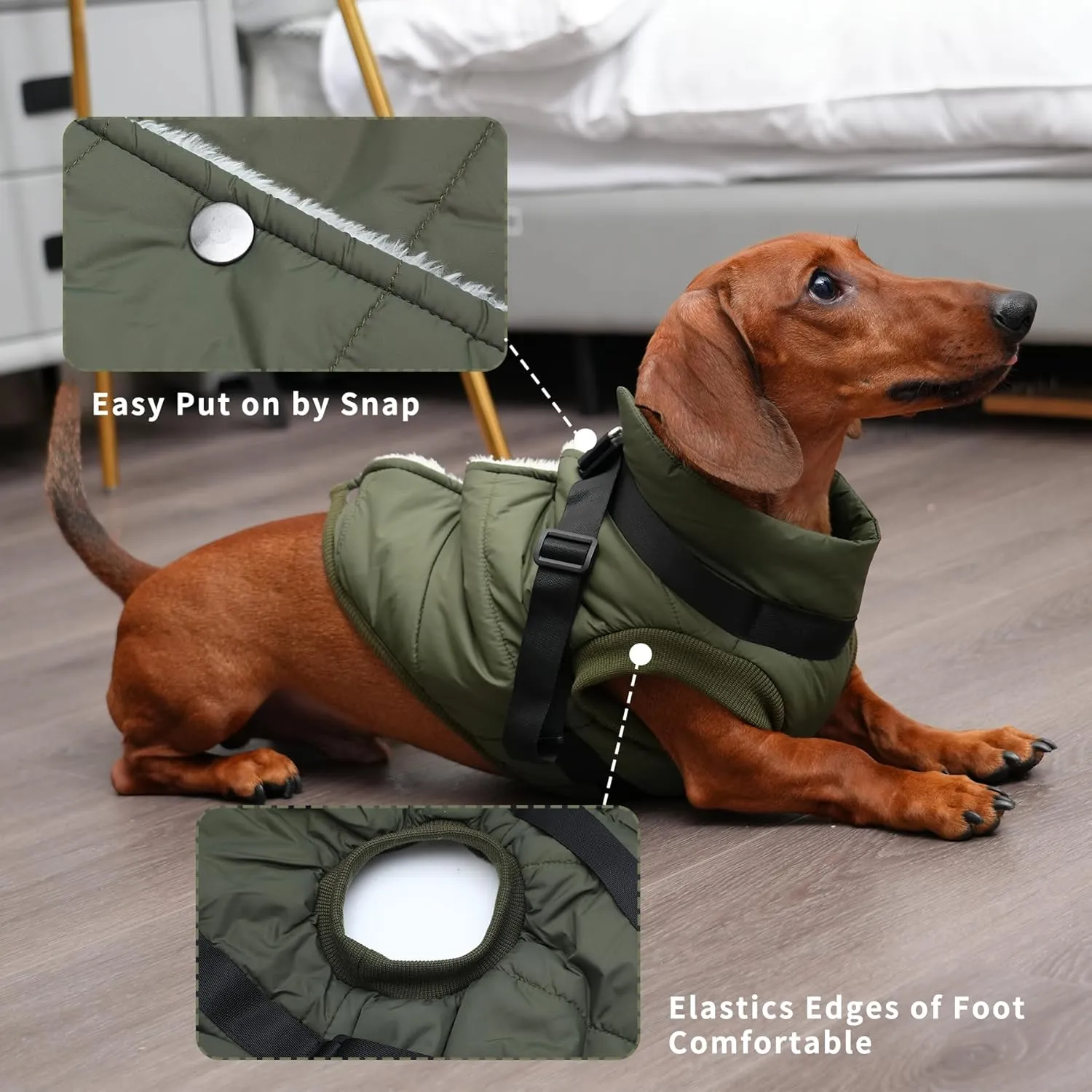 Dog Jacket with Harness,Fleece Lined Warm Puppy Coat for Winter,Soft Windproof Small Dog Vest,Green M