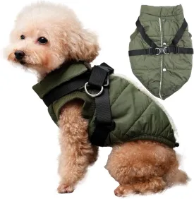 Dog Jacket with Harness,Fleece Lined Warm Puppy Coat for Winter,Soft Windproof Small Dog Vest,Green M