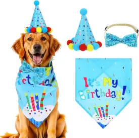 Dog Party Decorations, Dog Birthday Party Supplies, Dogs Birthday Hat Bandana Set with Bow tie and Numbers, Dogs Outfit for Large Medium Small Dogg Pet(Blue)