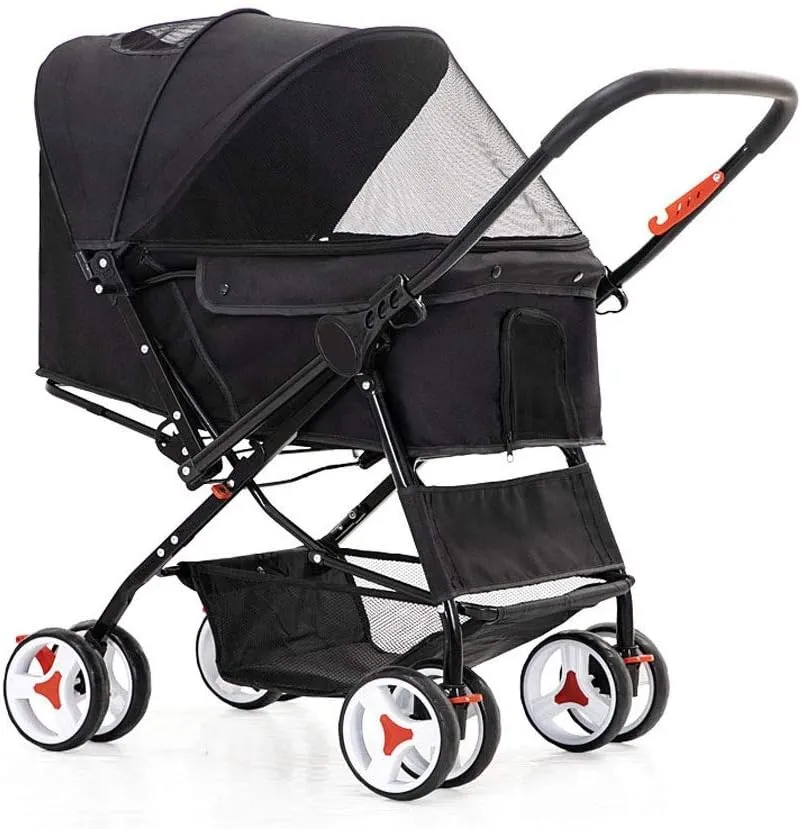 Dog Trolley Cat/Dog Stroller Easy Onehand Fold 4 Wheel Dog Strollers for Medium Small Dogs Reversible Push Handle Pet Stroller Puppy & Kitten Carrier Extended