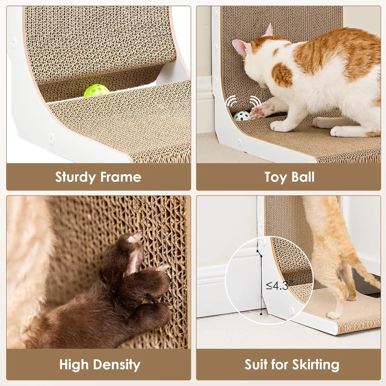 EHEYCIGA Cardboard Cat Scratcher for Indoor Kitten Cats, 19 Inch L Shaped Vertical Cat Scratching Board with Ball Cat Toy, Small Cat Scratcher Pad, White