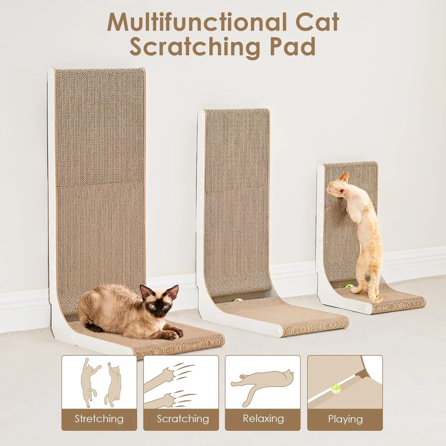 EHEYCIGA Cardboard Cat Scratcher for Indoor Kitten Cats, 19 Inch L Shaped Vertical Cat Scratching Board with Ball Cat Toy, Small Cat Scratcher Pad, White