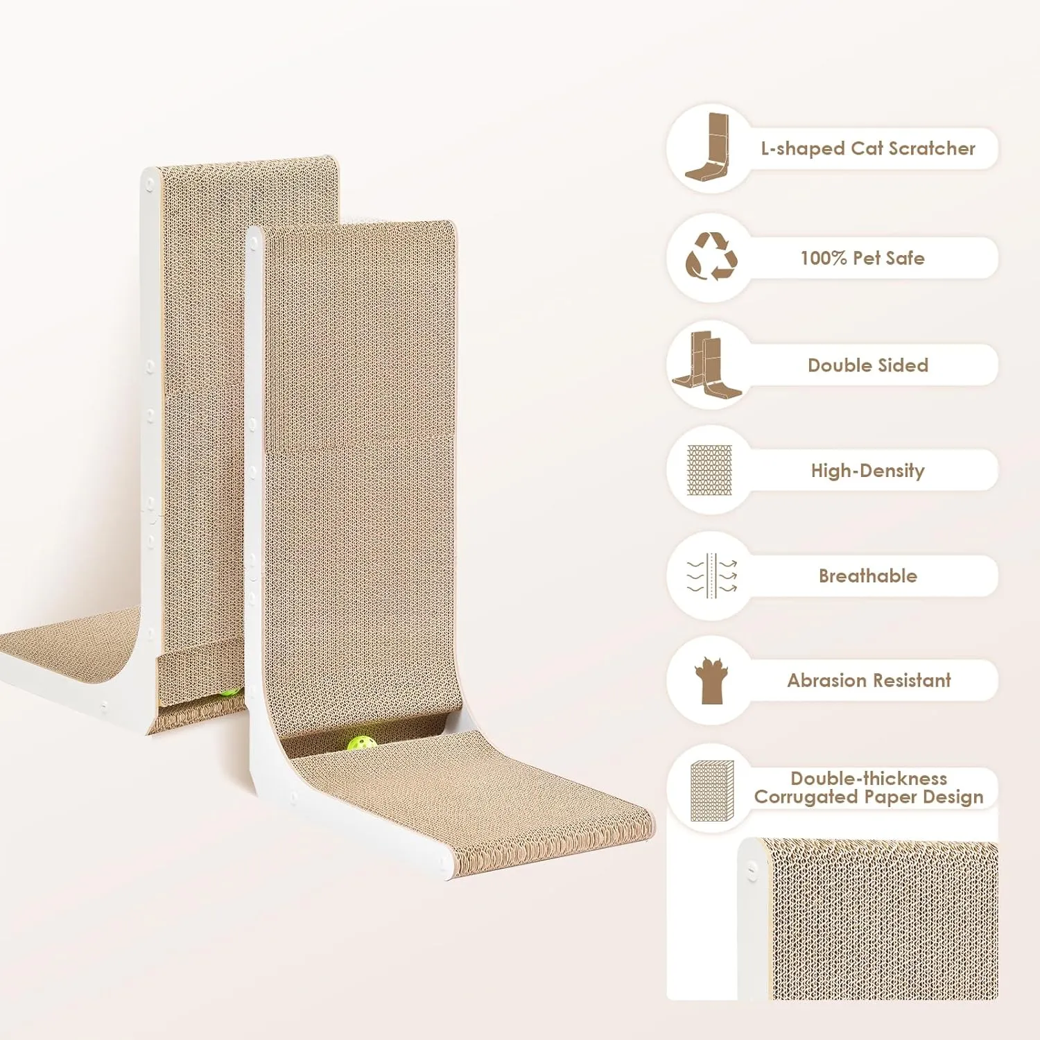 EHEYCIGA Cardboard Cat Scratcher for Indoor Kitten Cats, 19 Inch L Shaped Vertical Cat Scratching Board with Ball Cat Toy, Small Cat Scratcher Pad, White