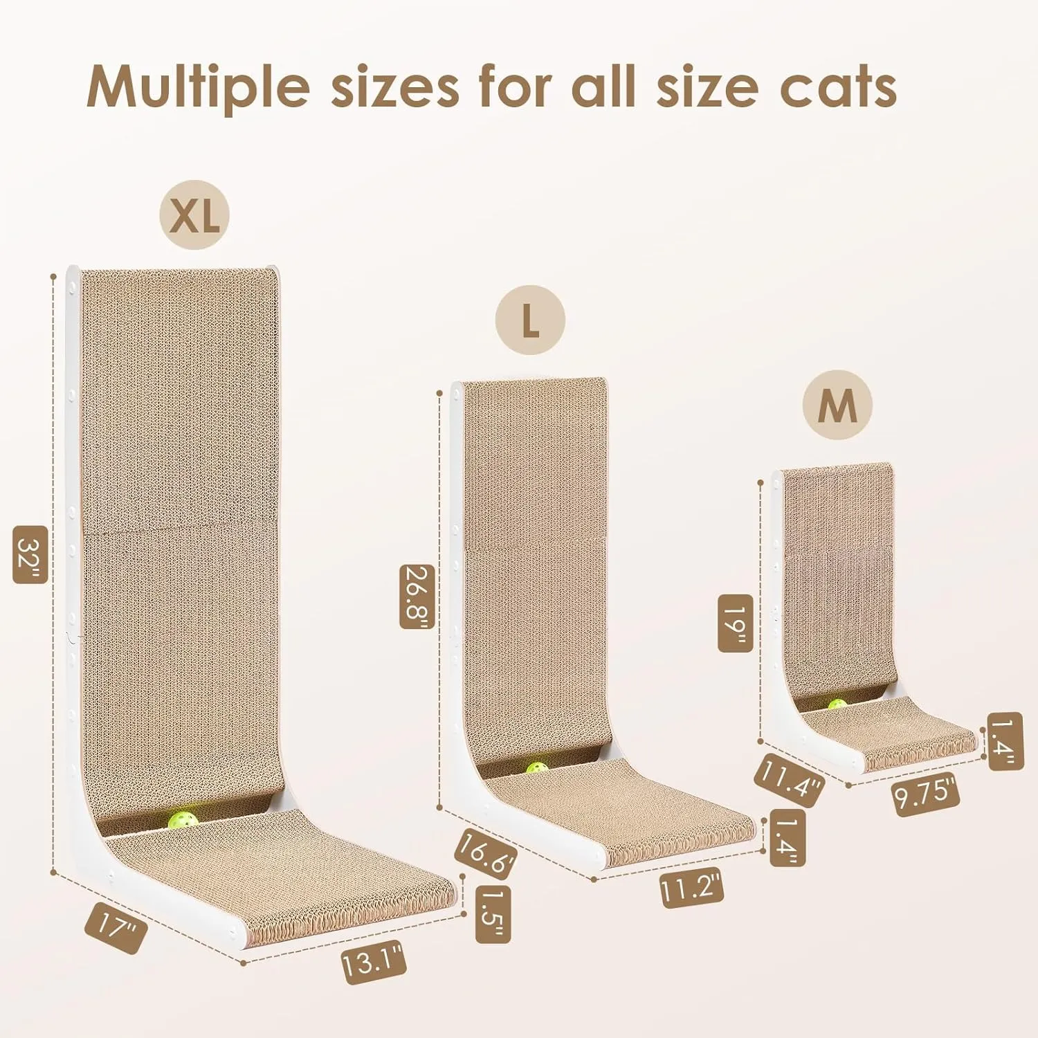 EHEYCIGA Cardboard Cat Scratcher for Indoor Kitten Cats, 19 Inch L Shaped Vertical Cat Scratching Board with Ball Cat Toy, Small Cat Scratcher Pad, White