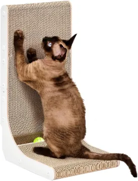 EHEYCIGA Cardboard Cat Scratcher for Indoor Kitten Cats, 19 Inch L Shaped Vertical Cat Scratching Board with Ball Cat Toy, Small Cat Scratcher Pad, White
