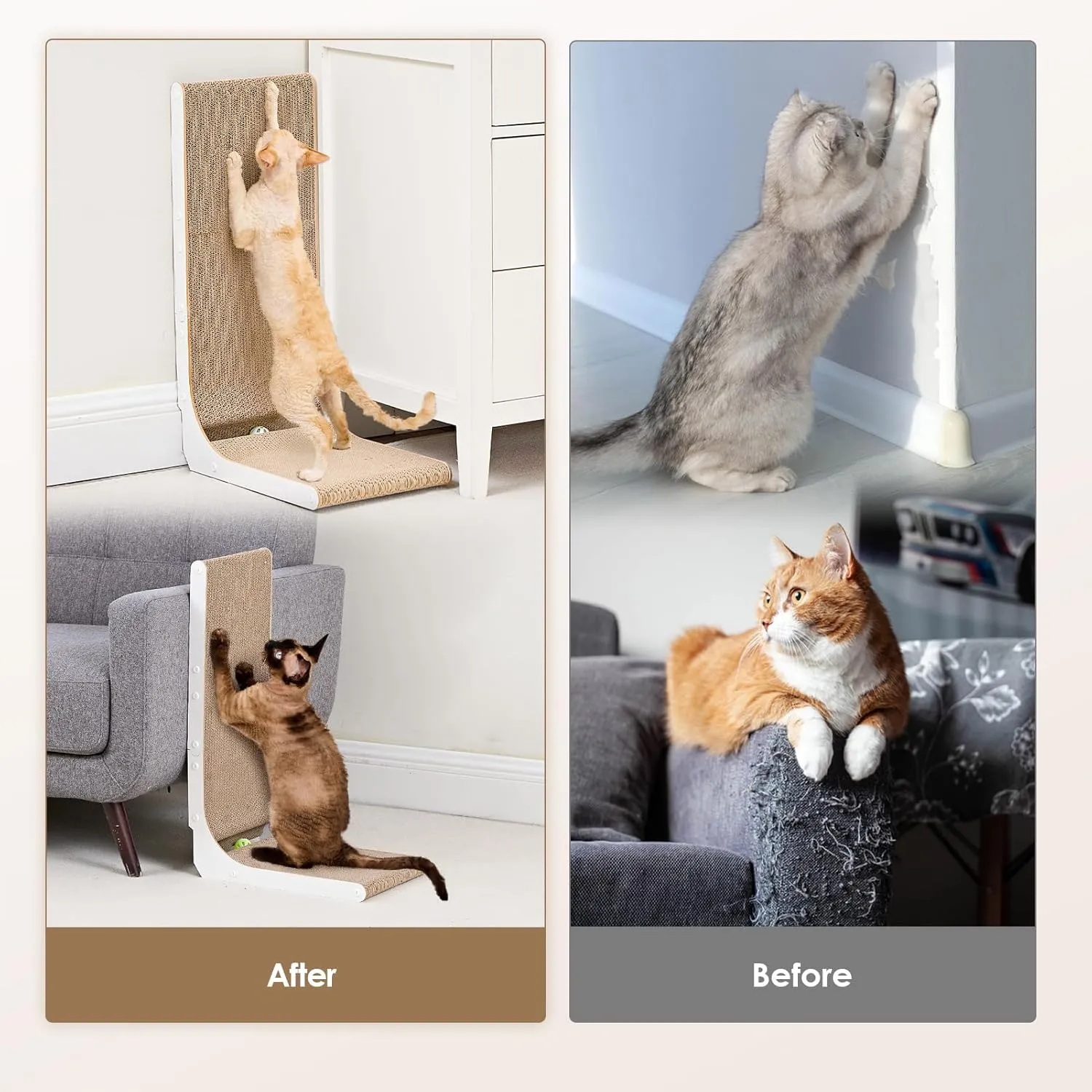 EHEYCIGA Cardboard Cat Scratcher for Indoor Kitten Cats, 19 Inch L Shaped Vertical Cat Scratching Board with Ball Cat Toy, Small Cat Scratcher Pad, White