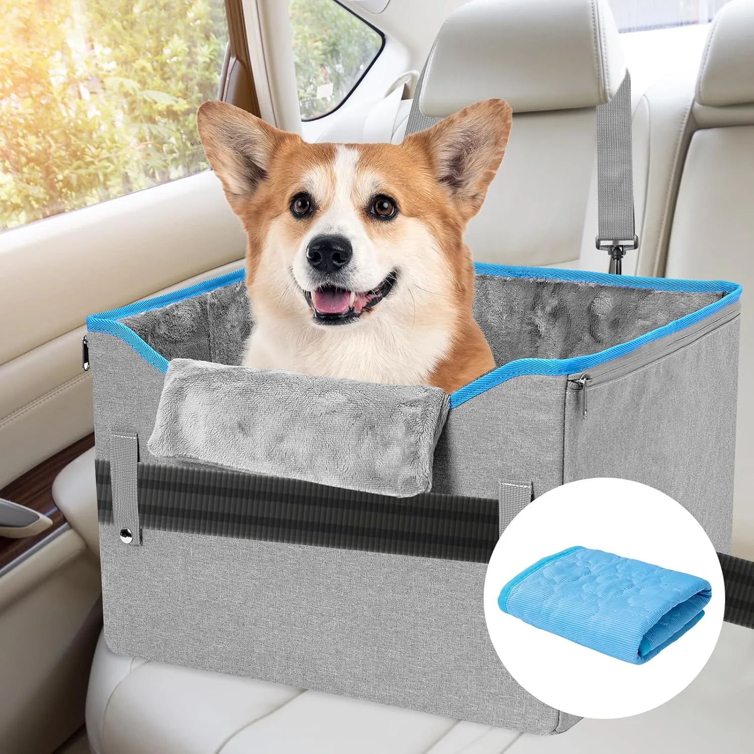 Elevated Dog Car Seat for Medium Dogs, Small Center Console Seats, Puppy Dog Booster Seats with Clip On Leash for Small Pet,Detachable Travel Pet Car Seats with Memory Foam, Blue