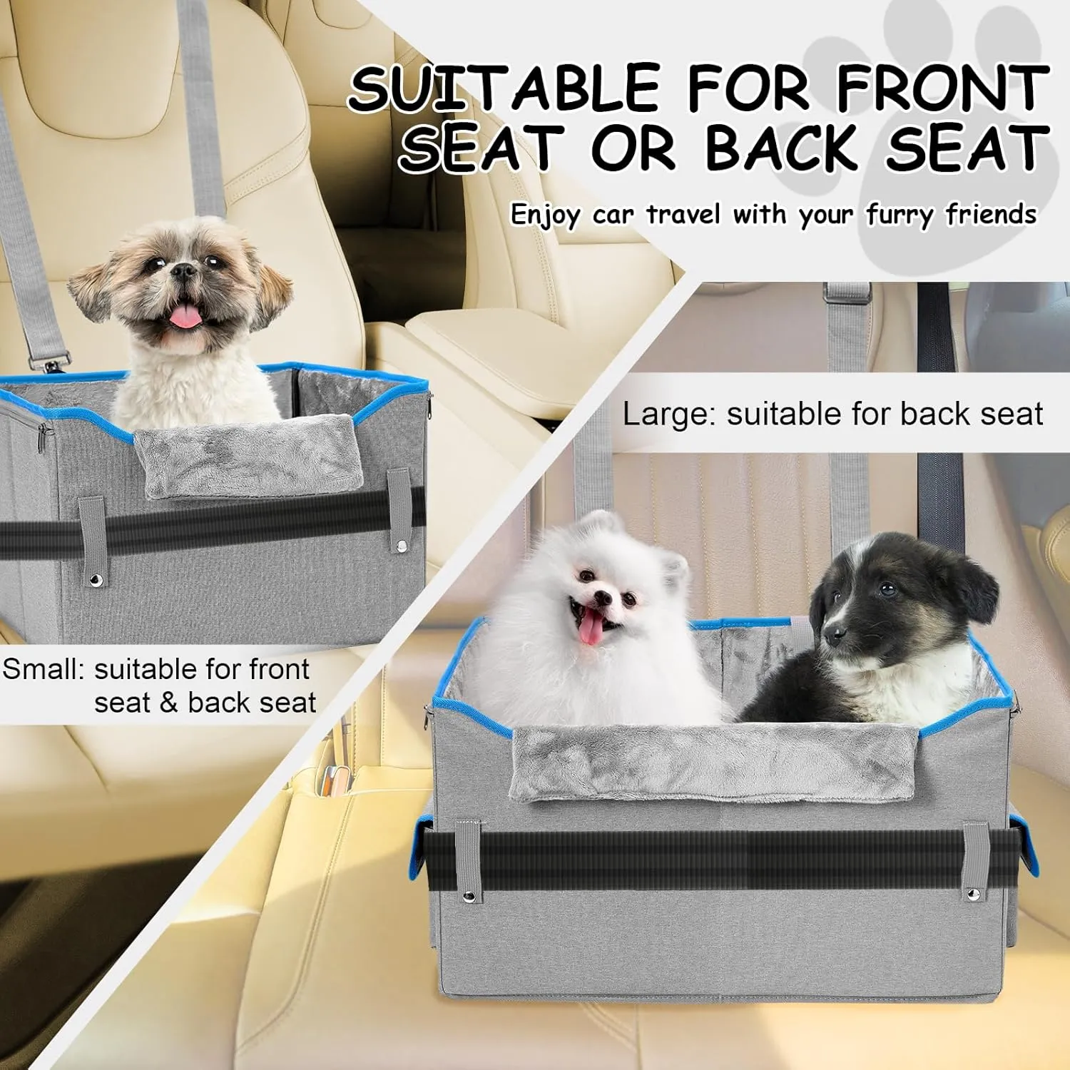 Elevated Dog Car Seat for Medium Dogs, Small Center Console Seats, Puppy Dog Booster Seats with Clip On Leash for Small Pet,Detachable Travel Pet Car Seats with Memory Foam, Blue