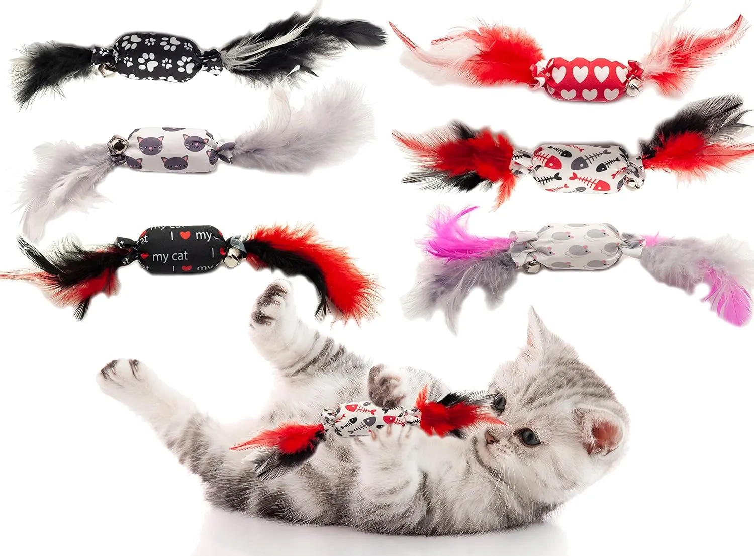 Fashion's Talk 10PCS Assorted Candy-Shaped Catnip Cat Toy with Feathers and Bell for Indoor Cats,Kitten.Natural Catnip Filling and Crinkle Sound for Endless Fun