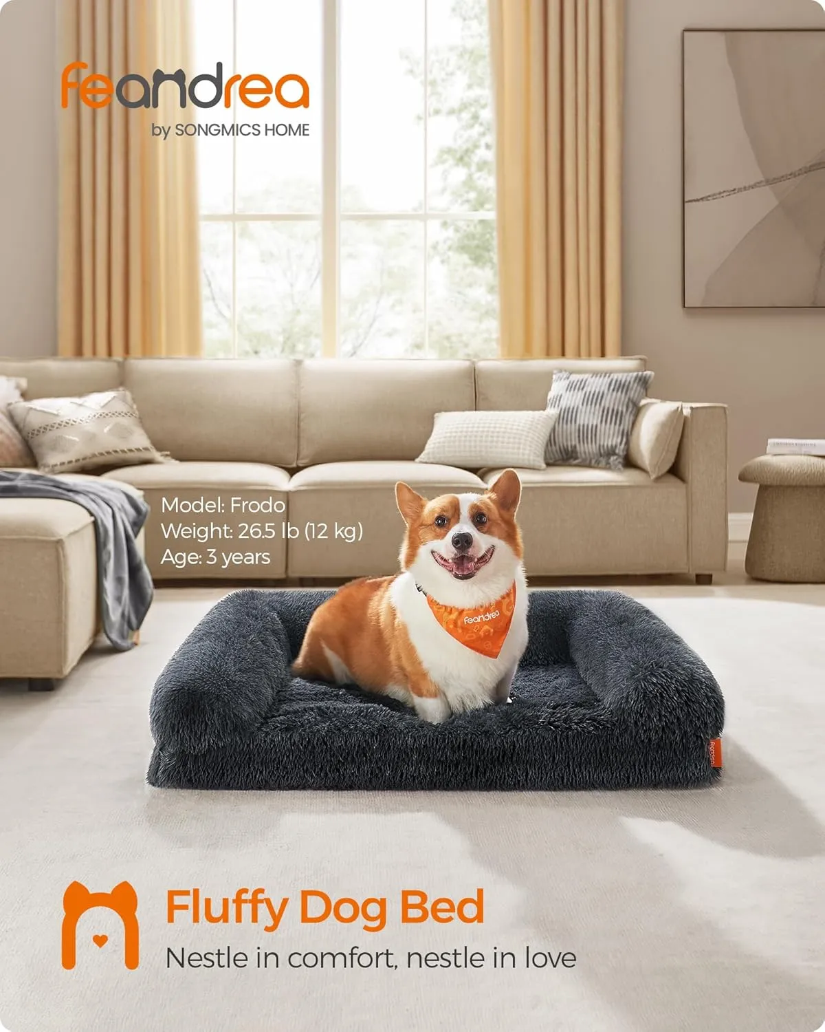 Feandrea Orthopaedic Dog Sofa for Medium Dogs, Waterproof Ped Bed with Removable Washable Cover, 30 x 23 x 9 Inches, Dark Gray UPGW231G02