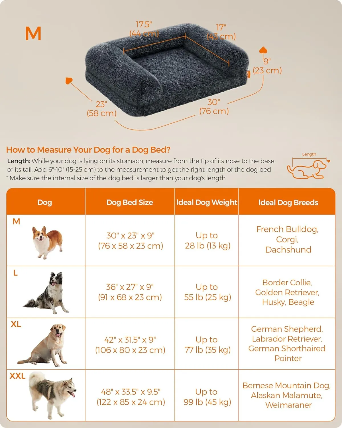 Feandrea Orthopaedic Dog Sofa for Medium Dogs, Waterproof Ped Bed with Removable Washable Cover, 30 x 23 x 9 Inches, Dark Gray UPGW231G02