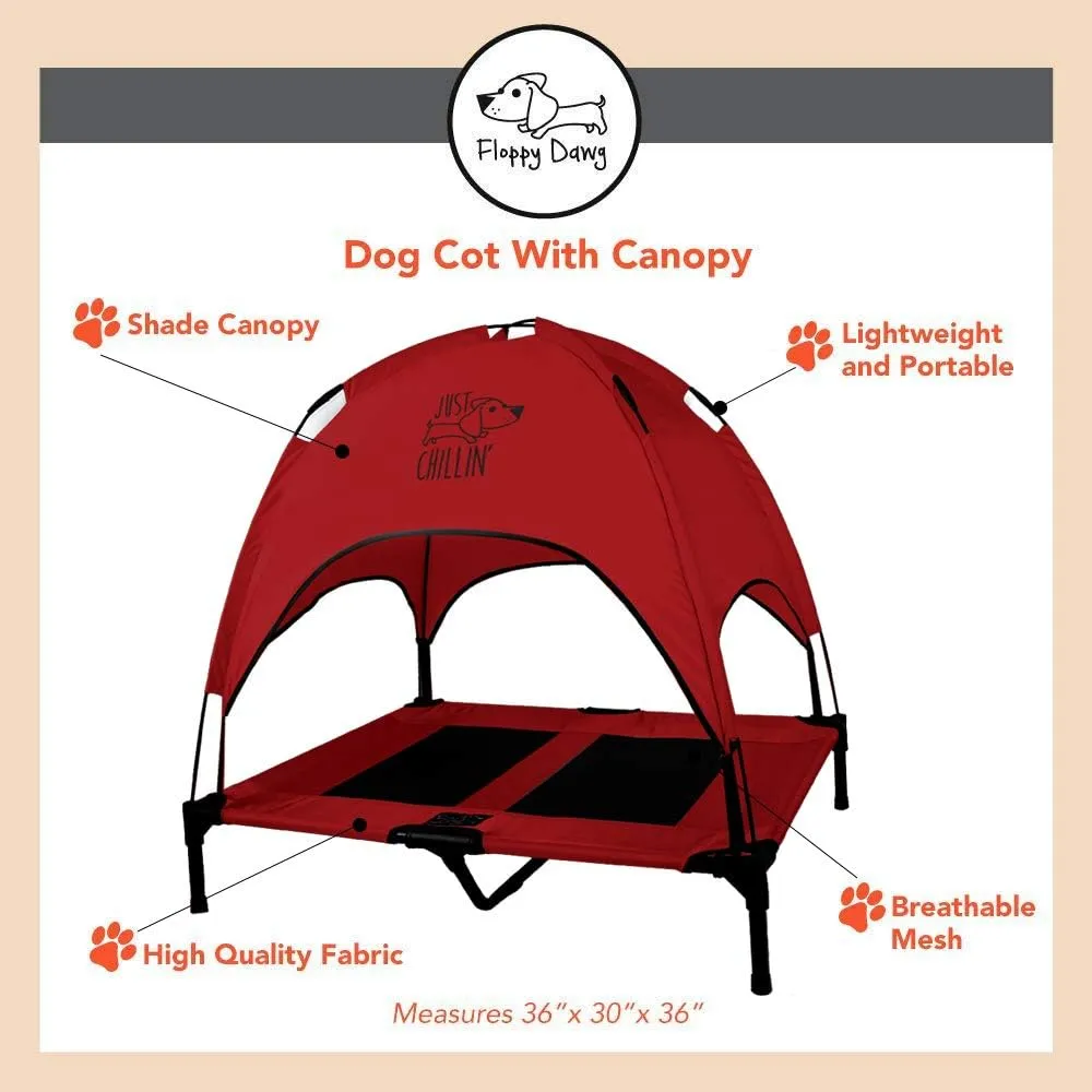 Floppy Dawg Just Chillin' Elevated Dog Bed. Cool Cot with Removable Canopy Shade. Indoor or Outdoor Pet Use. Lightweight and Portable. Chill in Style on Raised Breathable Mesh Fabric.