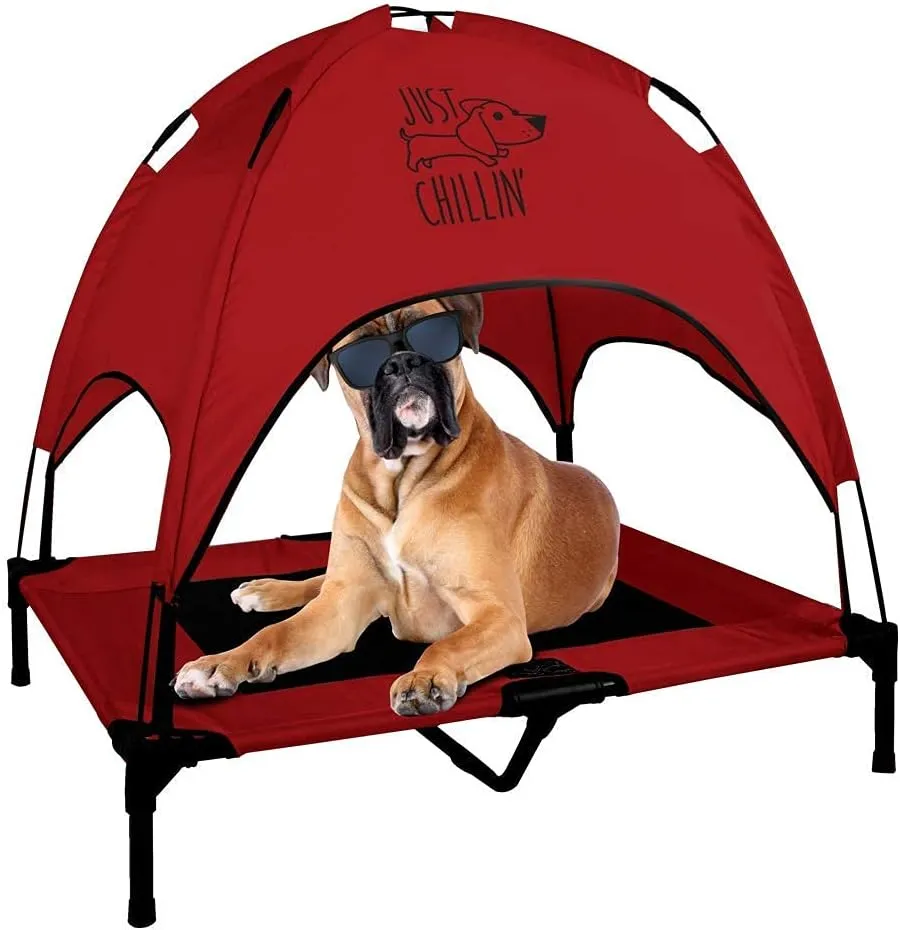 Floppy Dawg Just Chillin' Elevated Dog Bed. Cool Cot with Removable Canopy Shade. Indoor or Outdoor Pet Use. Lightweight and Portable. Chill in Style on Raised Breathable Mesh Fabric.