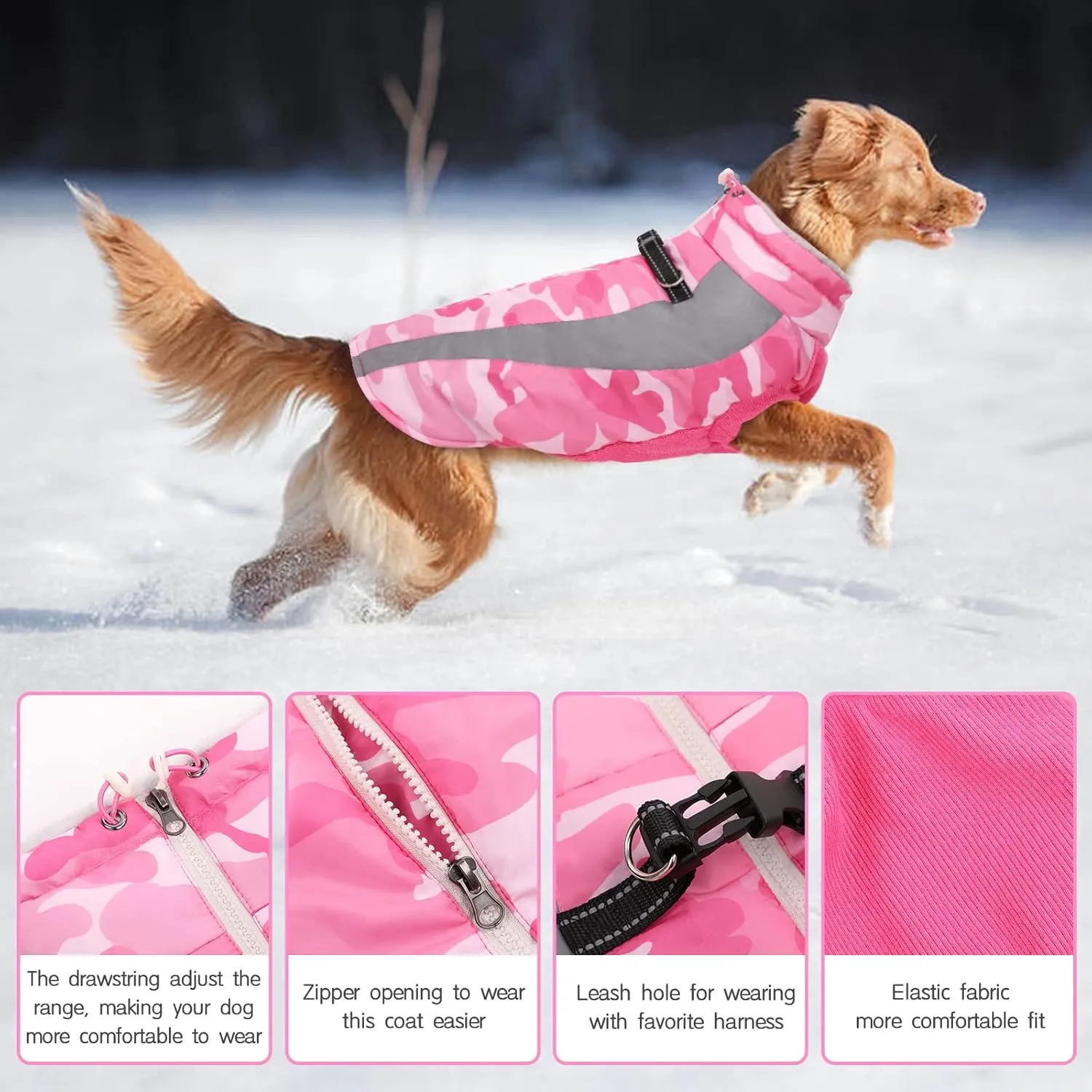 FUAMEY Warm Dog Jacket, Winter Coat with Harness, Waterproof Windproof Snow Jacket, Pink, L