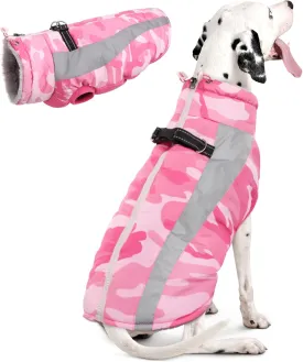 FUAMEY Warm Dog Jacket, Winter Coat with Harness, Waterproof Windproof Snow Jacket, Pink, L