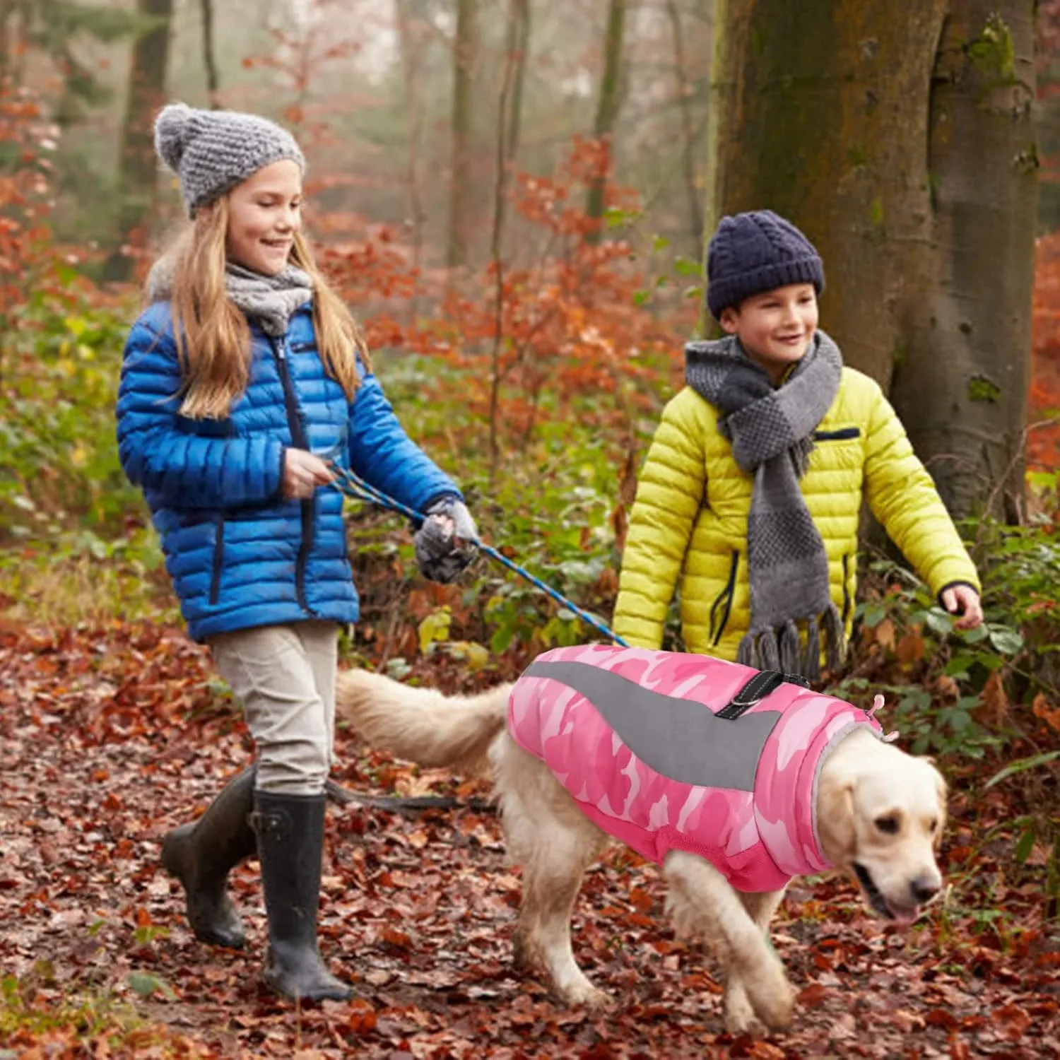 FUAMEY Warm Dog Jacket, Winter Coat with Harness, Waterproof Windproof Snow Jacket, Pink, L