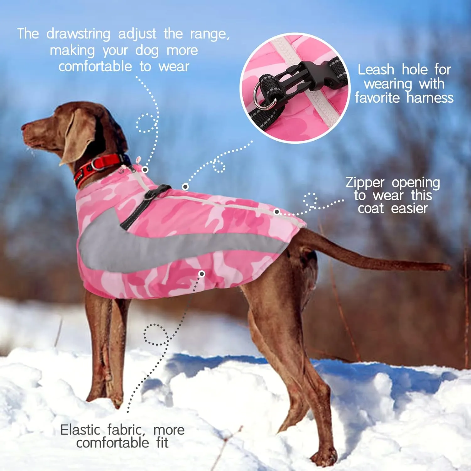 FUAMEY Warm Dog Jacket, Winter Coat with Harness, Waterproof Windproof Snow Jacket, Pink, L