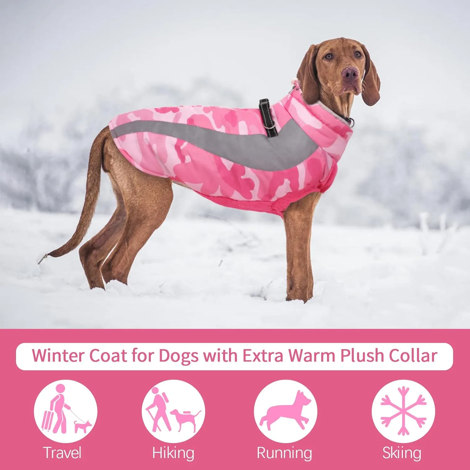 FUAMEY Warm Dog Jacket, Winter Coat with Harness, Waterproof Windproof Snow Jacket, Pink, L