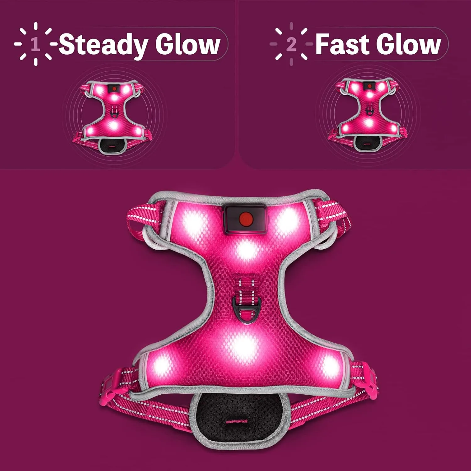 Glow in The Dark Dog Harness USB Rechargeable(Pink, L)