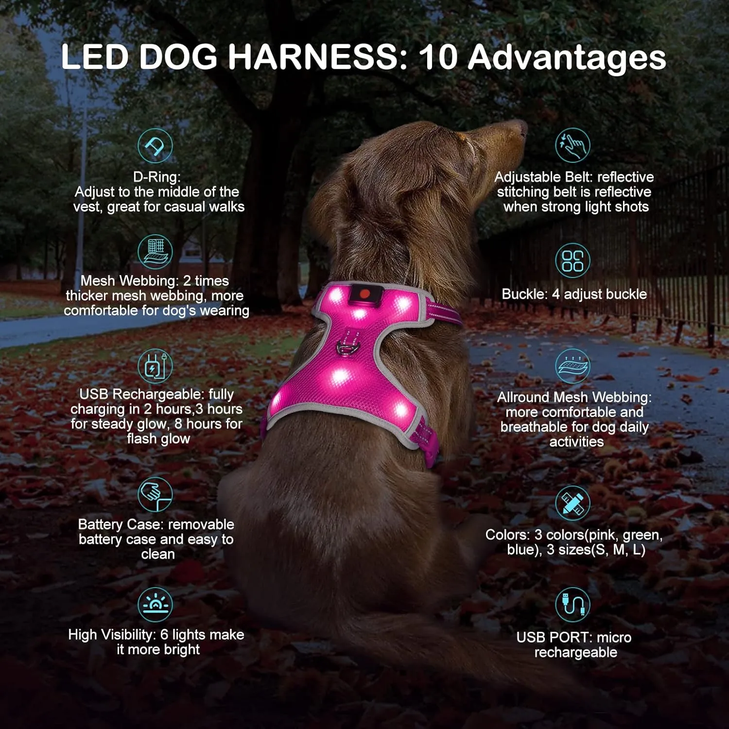 Glow in The Dark Dog Harness USB Rechargeable(Pink, L)