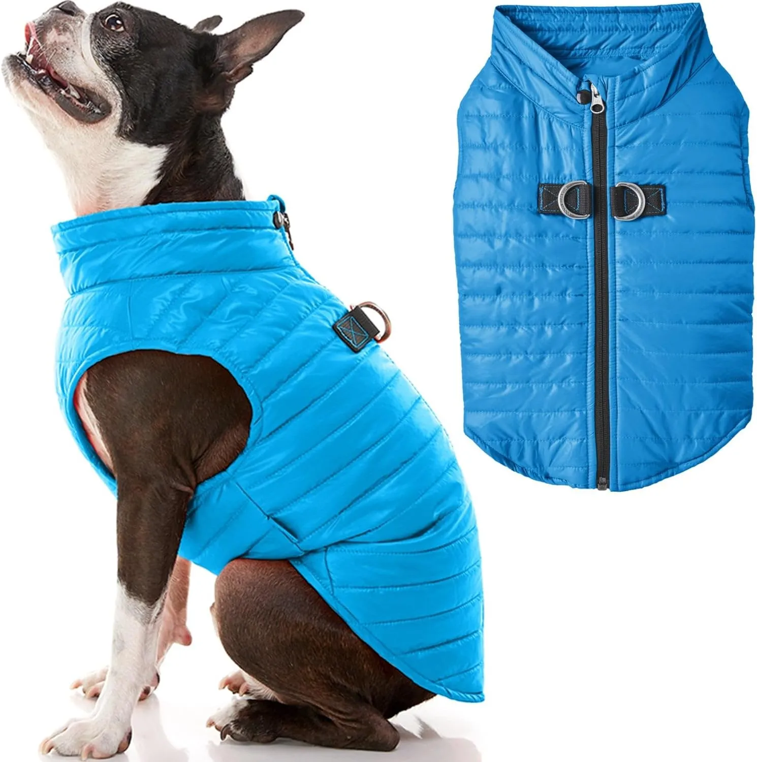 Gooby Puffer Vest - Blue, Large - Ultra Thin Zip Up Wind Breaker with Dual D Ring Leash - Water Resistant Small Dog Sweater Coat