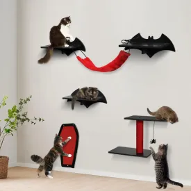 Gothic Cat Wall Shelves 6 Pcs Wall-Mounted Cat Climber Set Cat Tree Bed with Bridge Ladder Steps Scratching Board Posts Hanging Spider Toy Cat Condo Furniture for Cats