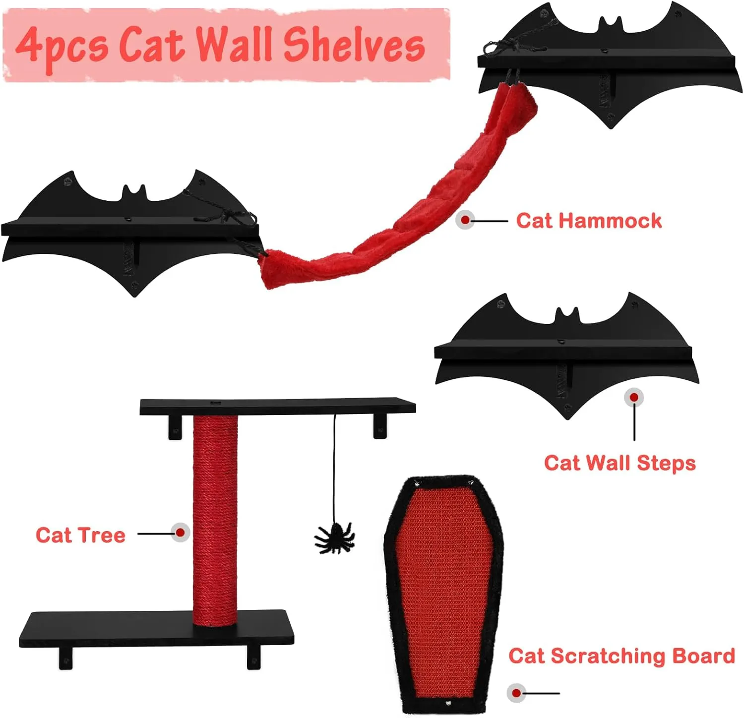 Gothic Cat Wall Shelves 6 Pcs Wall-Mounted Cat Climber Set Cat Tree Bed with Bridge Ladder Steps Scratching Board Posts Hanging Spider Toy Cat Condo Furniture for Cats