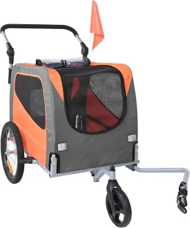 Happybuy Dog Bike Trailer, Supports up to 66 lbs, 2-in-1 Pet Stroller Cart Bicycle Carrier, Easy Folding Frame with Quick Release Wheels, Universal Bicycle Coupler, Reflectors, Flag, Orange/Gray