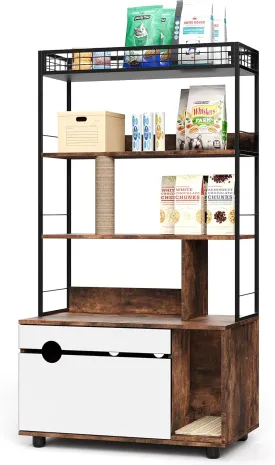 Hidden Litter Box Enclosure with Storage Rack & Cat Scratching Post Wood & Metal 2-in-1 Pets Furniture with Shelf Corridor Cushioned Mat
