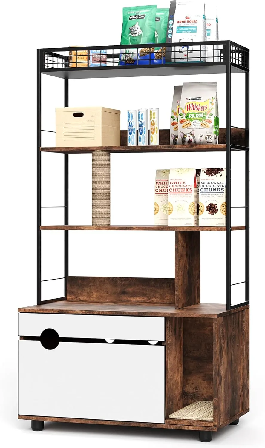 Hidden Litter Box Enclosure with Storage Rack & Cat Scratching Post Wood & Metal 2-in-1 Pets Furniture with Shelf Corridor Cushioned Mat