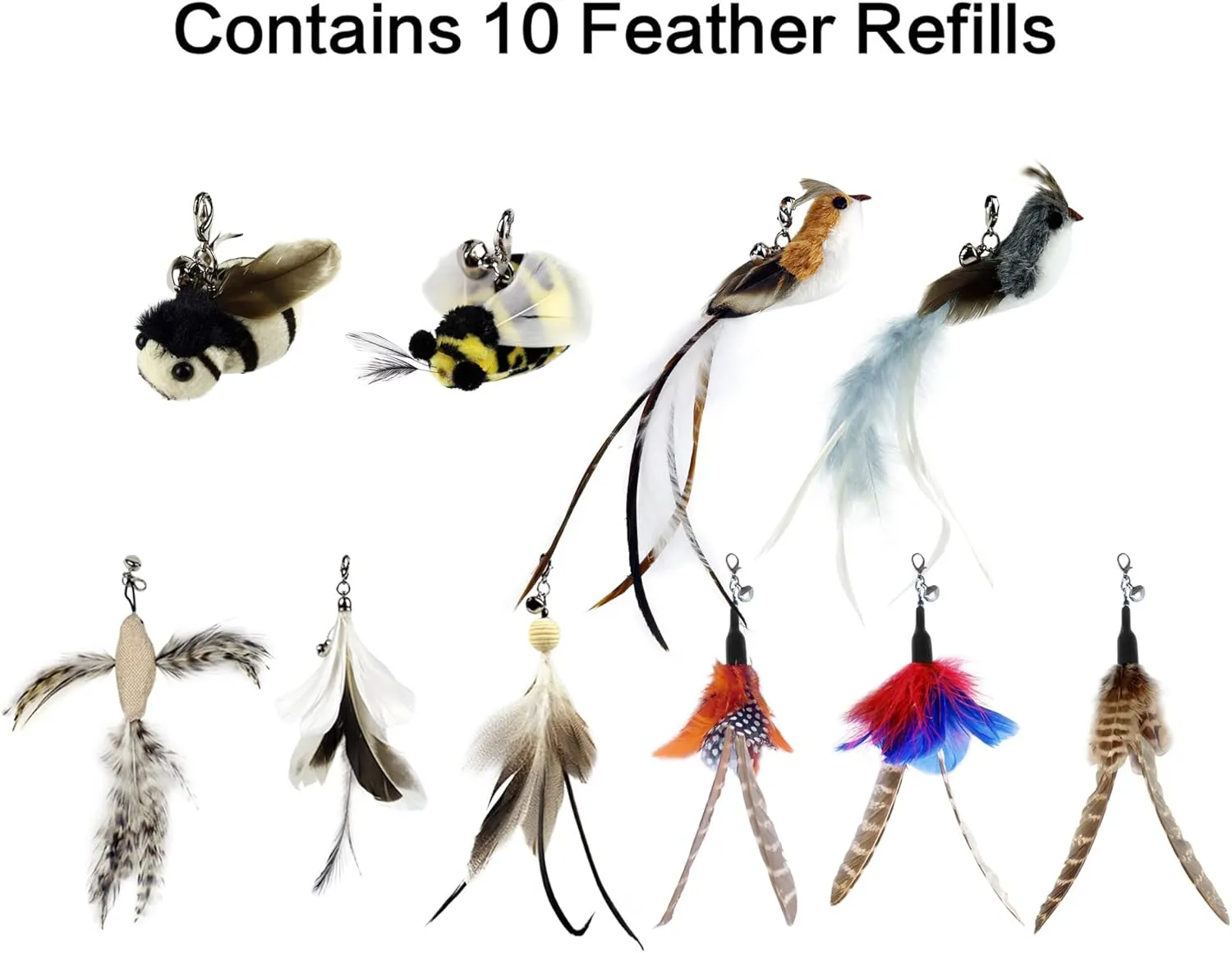 Interactive Bird & Insect Simulation Cat Toy Set - 10 Pcs Feather Refills & 2 Pcs Cat Wand Toy, 29'' Flexible Steel Wire, Sturdy Wood Handle & Bell, For Indoor Kittens
