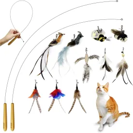 Interactive Bird & Insect Simulation Cat Toy Set - 10 Pcs Feather Refills & 2 Pcs Cat Wand Toy, 29'' Flexible Steel Wire, Sturdy Wood Handle & Bell, For Indoor Kittens
