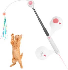 Interactive Cat Toy Cat Wand Toy, 2 in 1 cat Toys for Indoor Cats with Red Light, Cat Feather Wand with Replaceable Feathers and Fassels for Cats to Chase and Exercise-White Pink