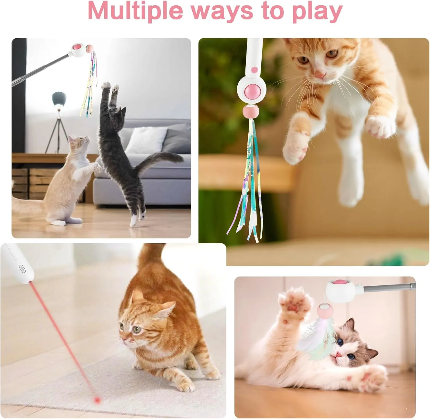 Interactive Cat Toy Cat Wand Toy, 2 in 1 cat Toys for Indoor Cats with Red Light, Cat Feather Wand with Replaceable Feathers and Fassels for Cats to Chase and Exercise-White Pink