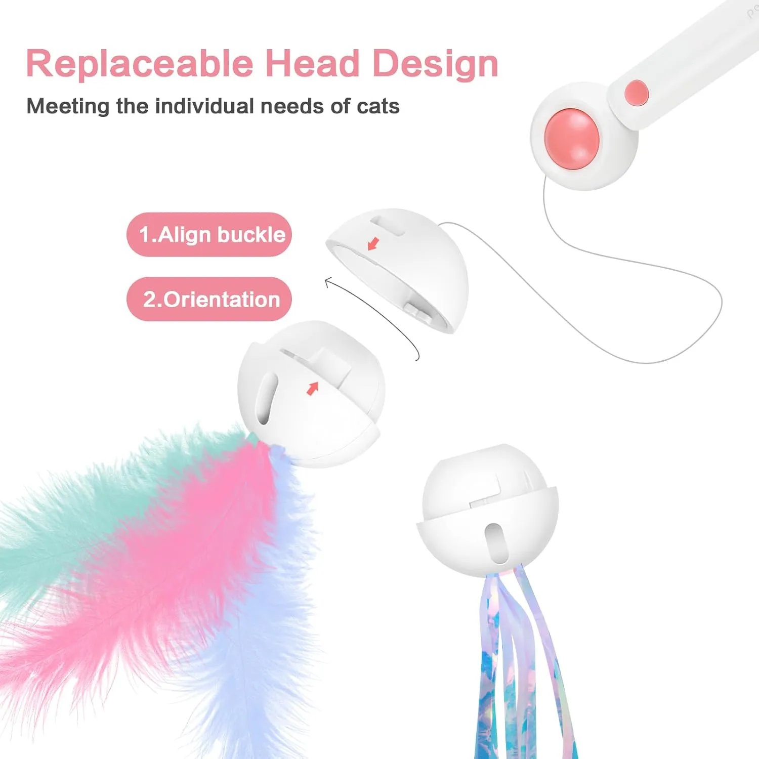 Interactive Cat Toy Cat Wand Toy, 2 in 1 cat Toys for Indoor Cats with Red Light, Cat Feather Wand with Replaceable Feathers and Fassels for Cats to Chase and Exercise-White Pink