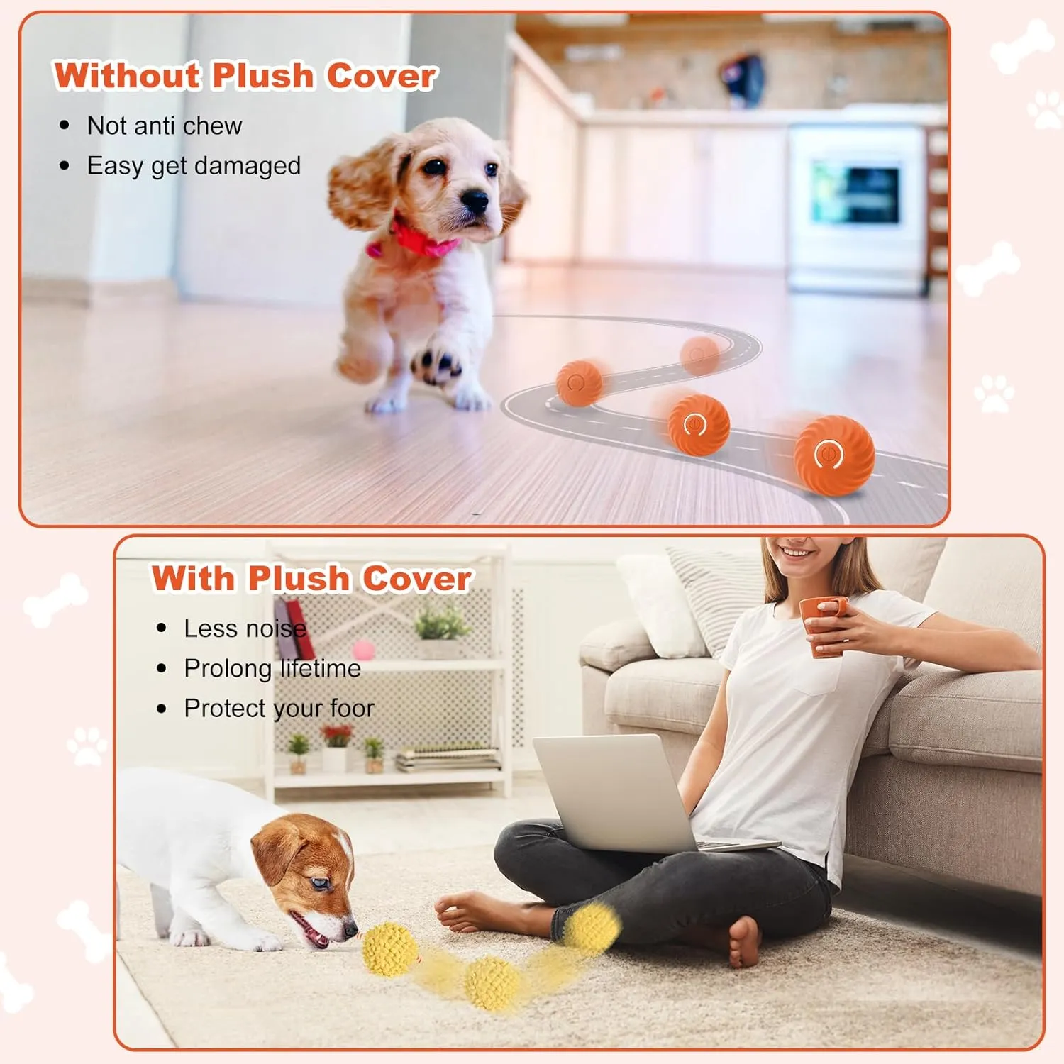 Interactive Dog Toys, Self Moving Dog Toy with Cover, Bouncing & Rotating Peppy Pet Ball for Dogs, Electric Ball Toys for Large Dogs, Interactive Rolling Toy to Keep Them Busy (Orange)