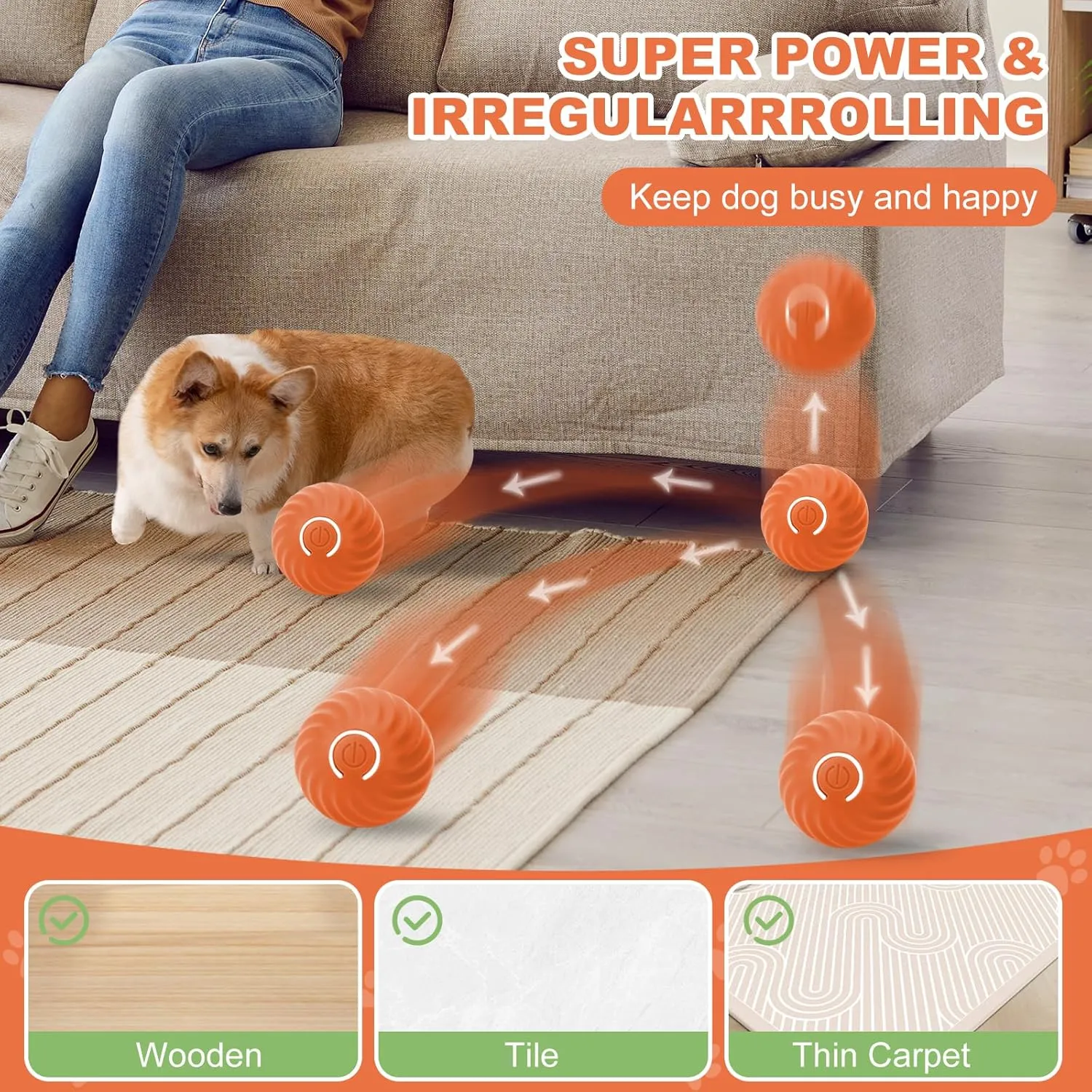 Interactive Dog Toys, Self Moving Dog Toy with Cover, Bouncing & Rotating Peppy Pet Ball for Dogs, Electric Ball Toys for Large Dogs, Interactive Rolling Toy to Keep Them Busy (Orange)