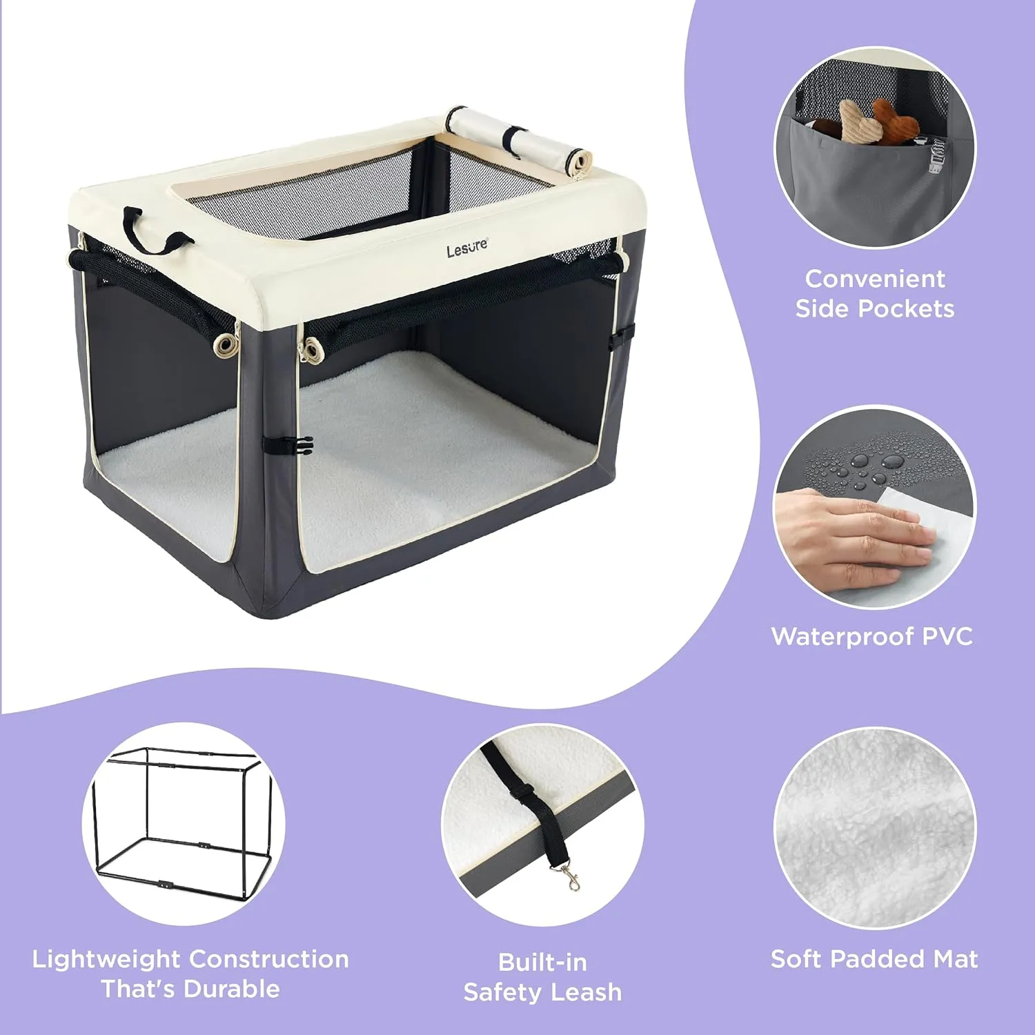 Lesure Collapsible Travel Dog Crate for Small Dogs, Portable Soft Dog Crate for Outdoor & Indoor, Folding Fabric Dog Kennel with Handle, 42 Inch Heavy Duty Pet Carrier (Grey)