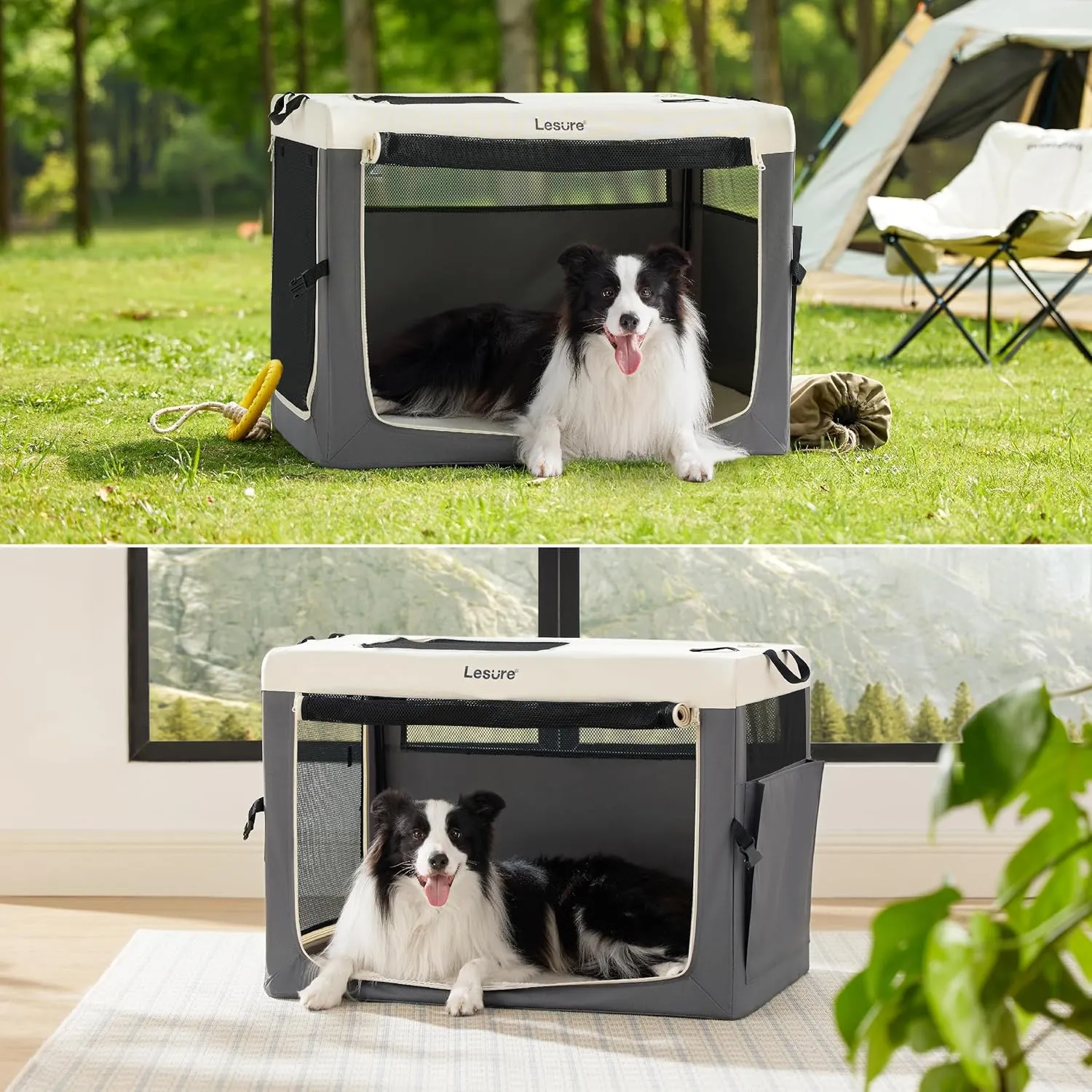 Lesure Collapsible Travel Dog Crate for Small Dogs, Portable Soft Dog Crate for Outdoor & Indoor, Folding Fabric Dog Kennel with Handle, 42 Inch Heavy Duty Pet Carrier (Grey)