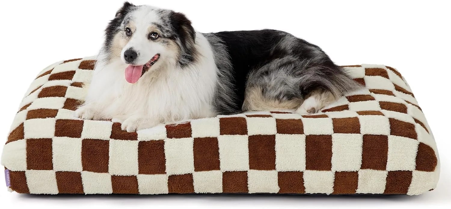 Lesure XLarge Dog Bed-Thick Shredded Chopped Foam Pet Bed Indoor with Removable Cover, Cute Modern Fuzzy Plush & Anti Slip Bottom, Brown