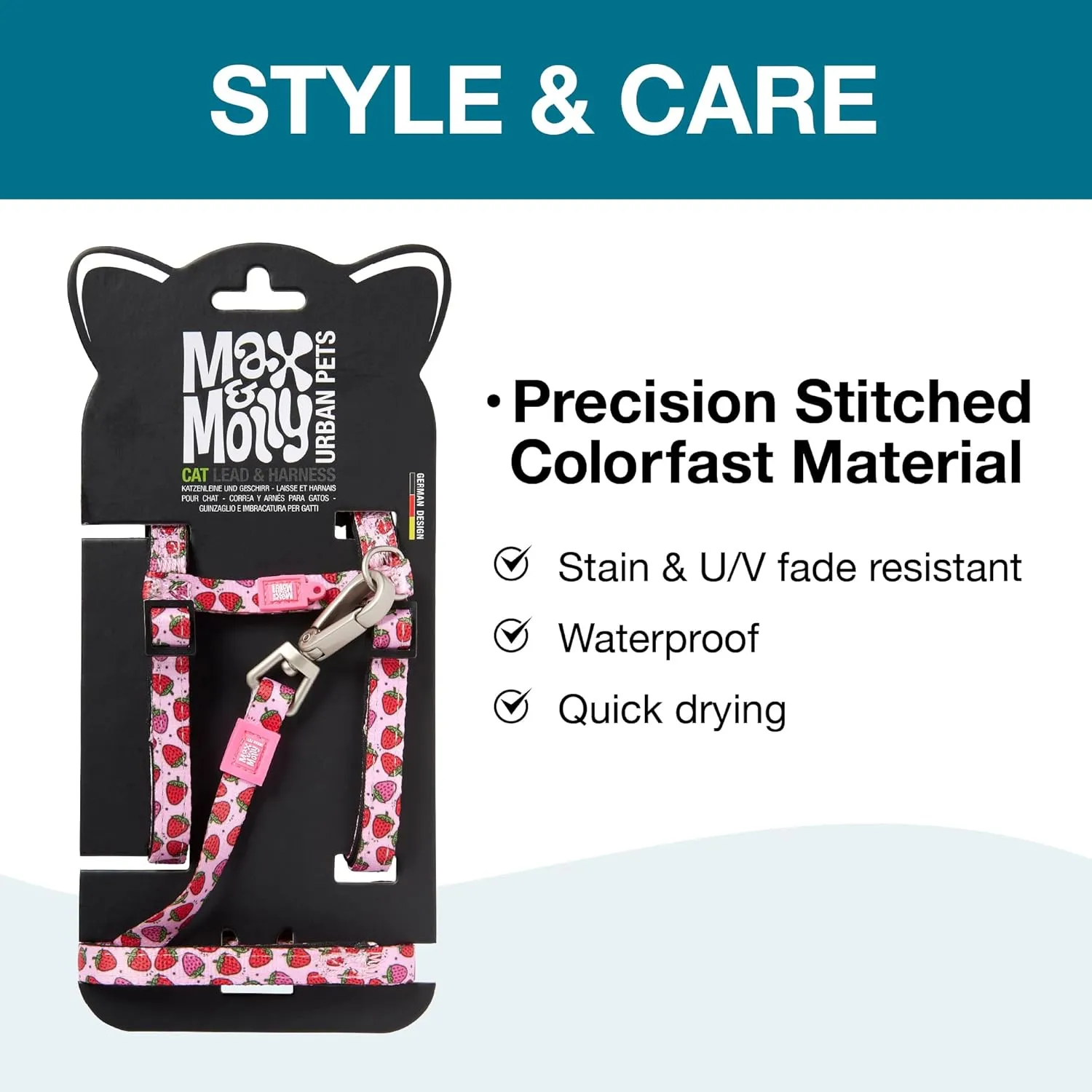 Max and Molly Adjustable Cat Harness and Leash Set - Escape-Proof Cat Harness with Leash for Outdoor Walking and Exploring, Soft Paded Material (Strawberry Dream)
