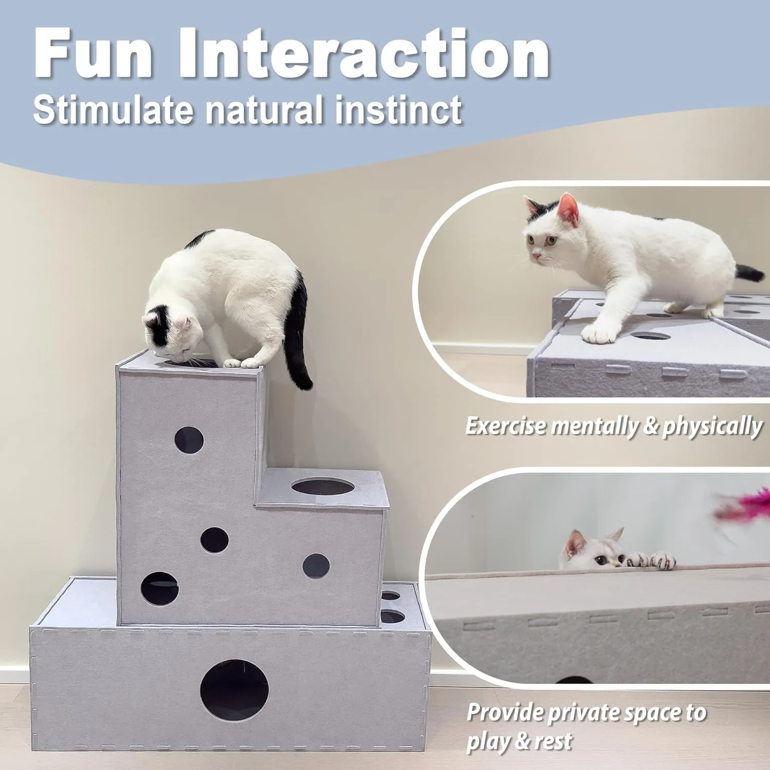 Meeyoview Cat Tunnel, Felt Tunnels for Indoor Cats, Peekaboo Hideaway Cave, L-Shape Kitty Tunnel Bed, Interactive Cat Cube Toys for Small Medium Large Cats