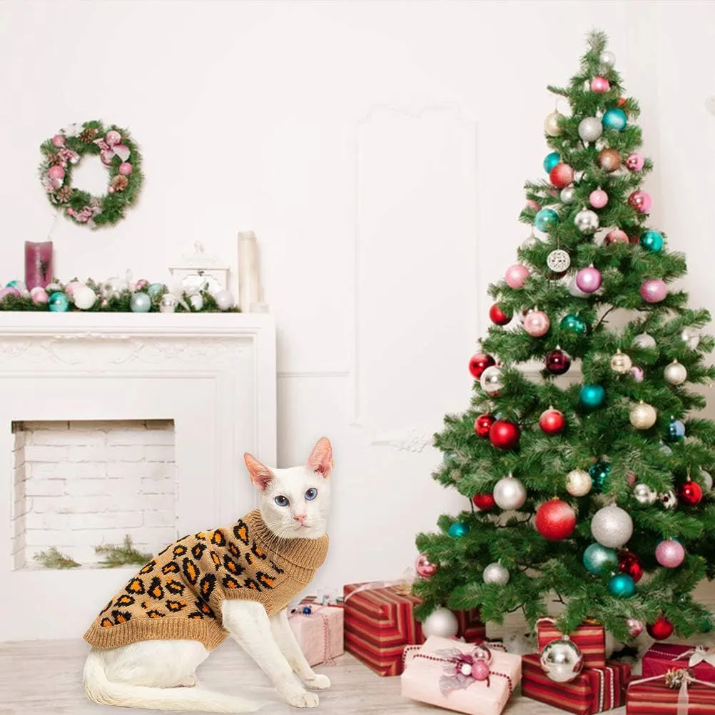 Mihachi Winter Warm Cat Sweater Turtleneck Puppy Pets Sweater Knit Vest Fashion Leopard for Cats Puppy Small Animals Brown Small